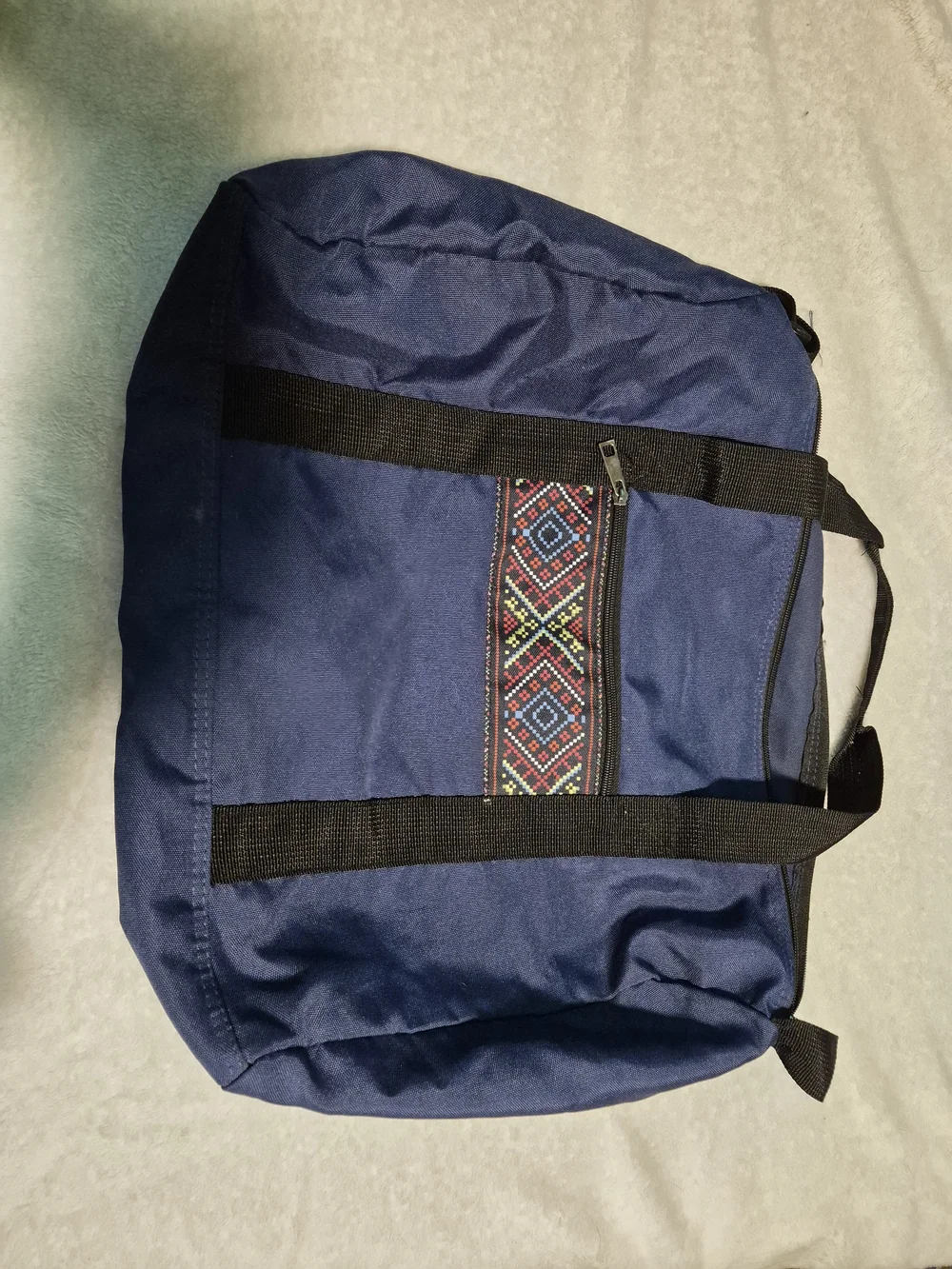 Navy Blue Men's Travel Tote Bag with Patterned Zip Pocket